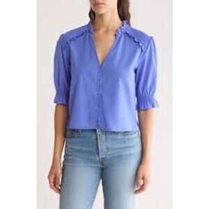French Connection NWT Puff Sleeve Crepe Button-Up Top Size 12 Baja Blue Career